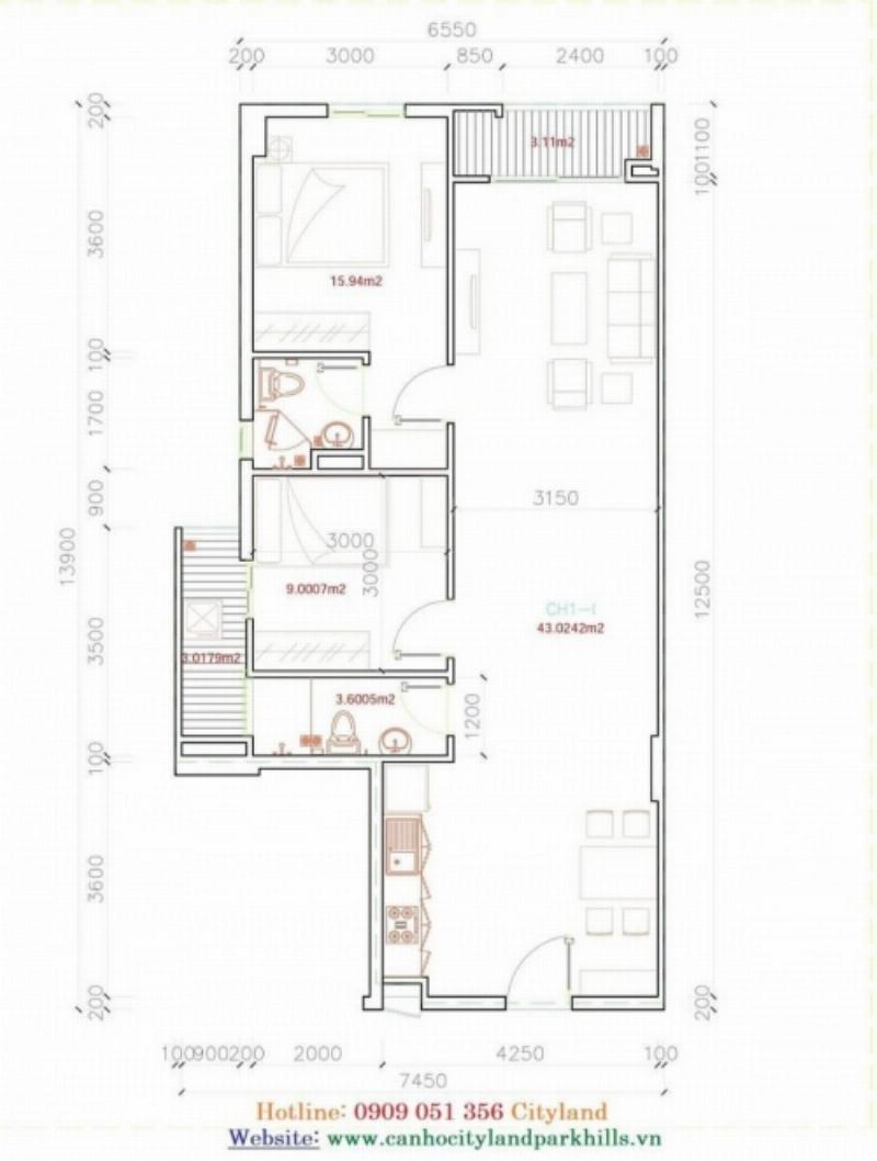 Bản vẽ bố trí mặt bằng điển hình của một căn hộ 2 phòng ngủ tại chung cư Mường Thanh Gò Vấp